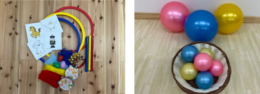 ボール、輪投げ、カードの写真